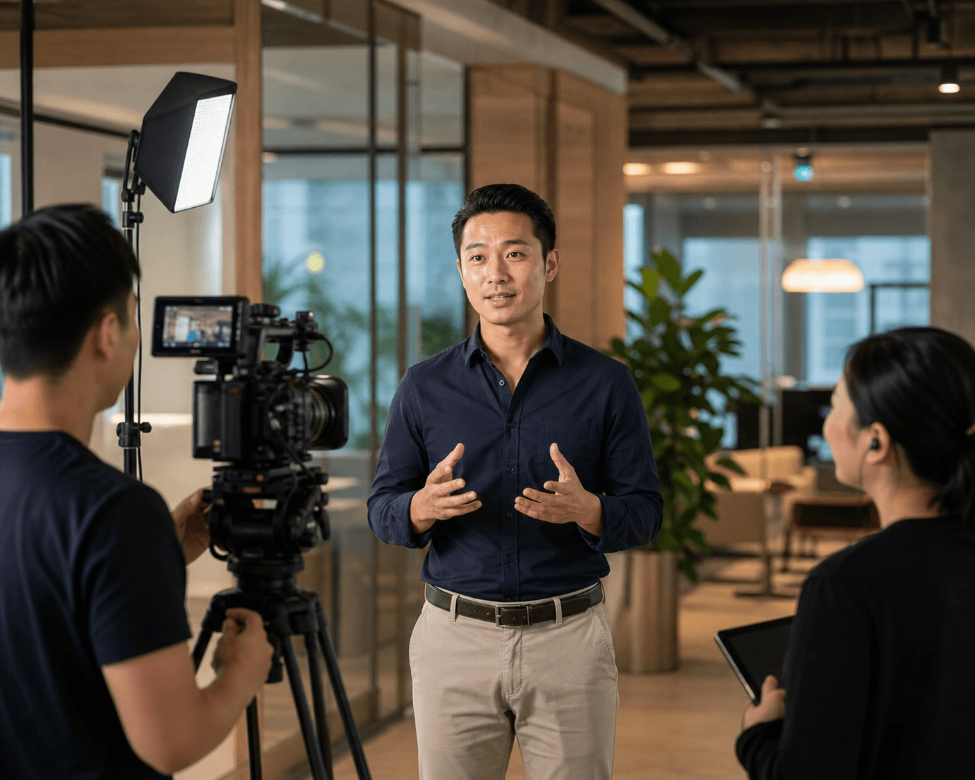 A Singaporean presenter speaking confidently on camera while two crew members film in a modern workplace